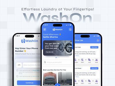 🧺 Washon – Effortless Laundry at Your Fingertips! 🚀 app app ui app ux blue branding creative design design figma home illustration landing page laundry laundry app onboarding setting ui user friendly wash washon water