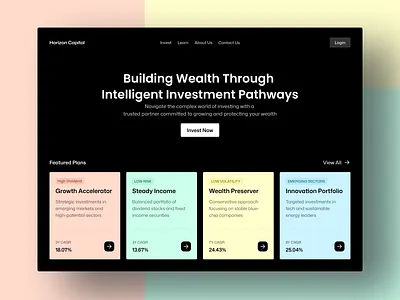 Investment Portal Landing Page bento button cards colorful cta darktheme features fintech home investment landing mockup navigation page plans portal pricing tags web web design