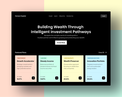 Investment Portal Landing Page bento button cards colorful cta darktheme features fintech home investment landing mockup navigation page plans portal pricing tags web web design