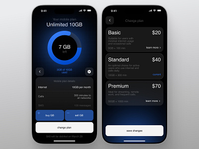 Mobile Internet Plans App UI – Manage & Switch Data Plans Easily app app design blue clean dark dark mode dashboard data tracking design interface internet plans minimal mobile app pricing service app subscription telecom ui ux web