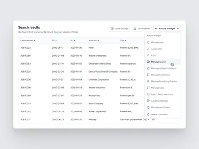 Results table - Actions list for IP management platform component components dashboard design system effect hover iconography icons interface menu mobile molecule popup product design react table ui ux vue web design