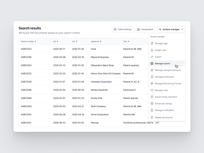 Results table - Actions list for IP management platform component components dashboard design system effect hover iconography icons interface menu mobile molecule popup product design react table ui ux vue web design