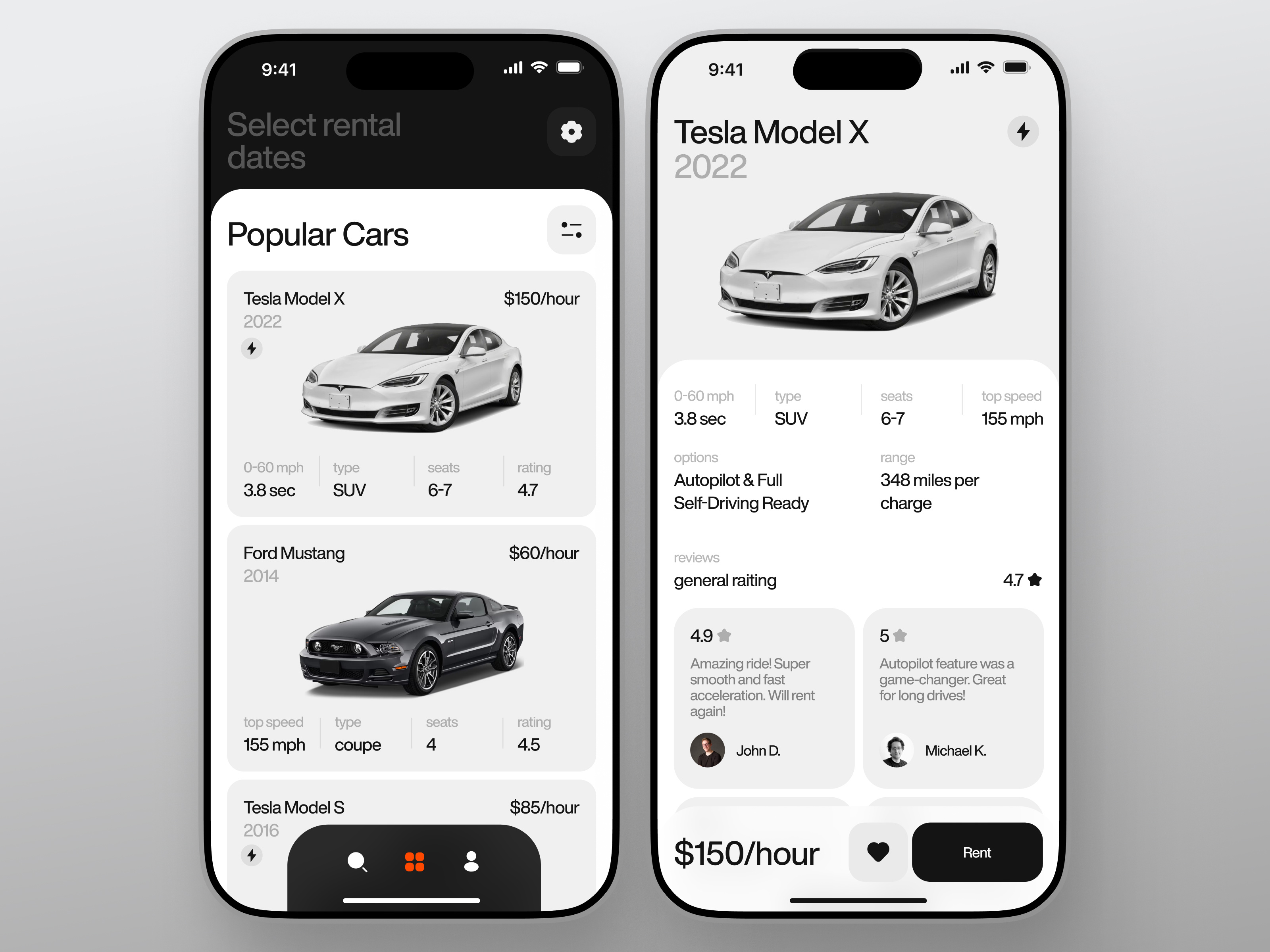 Car Rental App UI – Premium Auto Booking Experience app booking car car rental clean design interface minimal mobile app modern premium rental tesla transportation travel ui ux