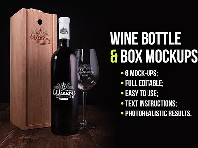 Wine Bottle and Box Mockups alcohol bottle bottle wine box case drink glass grapes label mock up mockup red wine wine wine case wineglass winery