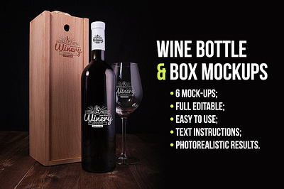 Wine Bottle and Box Mockups alcohol bottle bottle wine box case drink glass grapes label mock up mockup red wine wine wine case wineglass winery