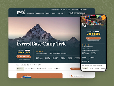 Hero - Trip Page (Tour Operator in the Himalayas) adventure booking branding checkout dashboard hero hike ios luxury megamenu menu mobile mountain nav responsive tour travel trek trip typography