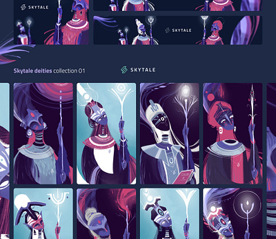 Skytale Deities | Branding branding card design character design chracters collection corporate identity crypto crypto design crystal dark mode deities design gradient graphic design illustration nft nft collection pass ui ux