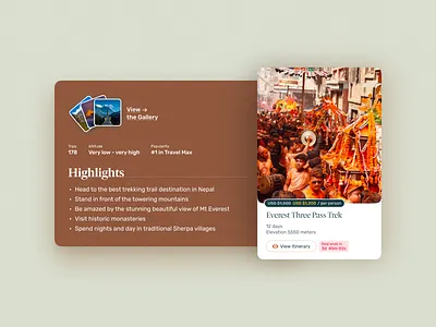 Overview Card - Travel card component design gradient hero highlights hover illustration landing menu nav overview points shadow system