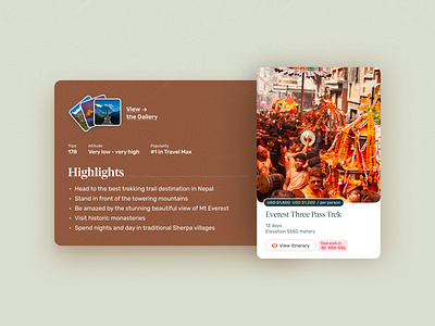 Overview Card - Travel card component design gradient hero highlights hover illustration landing menu nav overview points shadow system