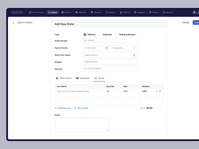 New Order - Logistic Platform add new order dashboard delivery inventory logistic parcel parcel delivery product design saas saas design shipping tracking webapp work order