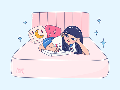 Cute girl character design. doodle illustration vector art artist bed bedroom cartoon character concept creative doodle female feminine girl girly illustration stars woman