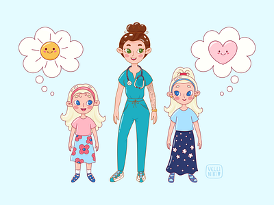 Mom and her daughters illustration, doodle cartoon characters academy art artist cartoon character character design concept design doodle female feminine girl heart illustration little mom period sun woman