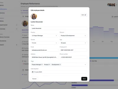 Employee Performance Dashboard SaaS Web App - Employee Details analytics app design crm dashboard design details employee form input form kpi modal performance pop up product design saas statistics ui uiux web app web design