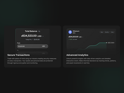 HexaFi: Website Crypto SaaS Landing Page - Card Features analytics bento crypto cryptocurrency dark mode dashboard defi illustration landing page product design saas saas crypto web3 secure transaction ui uiux web app web design web3 website saas landing page