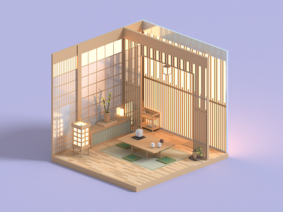 Teahouse 3d architecture illustration render room tea voxel voxelart