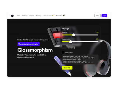 Square One • Glassmorphism redesign blue branding clay glass glassmorphism headphones hero illustration keyboard landing page pencil ui ux