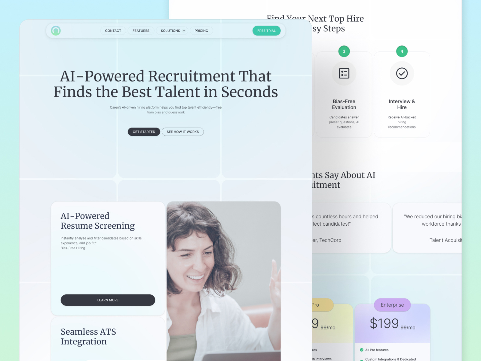 Caren – Landing Page for AI-Powered Recruitment Software ai b2b blue clean flat hr landing page light modern neomorphism saas web design