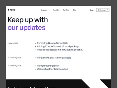 Revo - Updates page design change log change log design page change log page changes page clean design digital digital revo digital revo homepage digital revo website elegant design elegant landing page landing page minimalist ui update page update page design