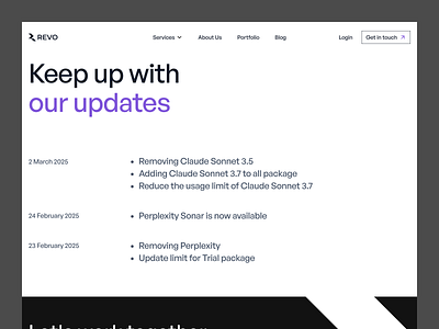 Revo - Updates page design change log change log design page change log page changes page clean design digital digital revo digital revo homepage digital revo website elegant design elegant landing page landing page minimalist ui update page update page design