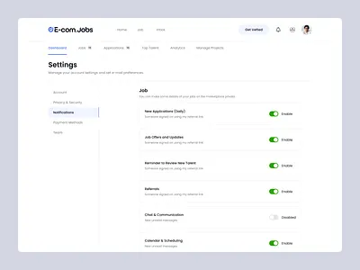 Job Finder Dashboard Notifications Settings b2b creative customization dashboard freelance hire inner pages job finder job portal marketplace notifications notify preferences product design saas settings setup ui ux ux settings