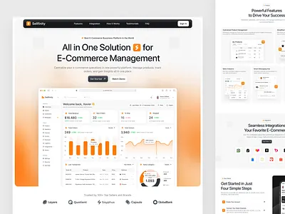 Sellfinity: All in One E-Commerce Management Landing Page business dashboard dashboard landing page dashboard website e commerce landing page management orange platform landing page platform ui design platform website saas saas landing page saas website sales sales analytics sales landing page sales website ui design web design
