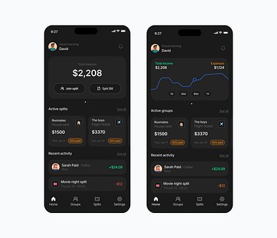 SplitWise Mobile App bill splitter bills blue cards dark mode dashboard figma green mobile mobile app orange product design ui uiux