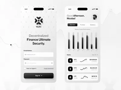 VaultX – A Minimal & Secure Crypto App app clean crypto dark design figmadesign finance fintech interface login minimal mobile product sign in ui ui design uiuxdesign ux