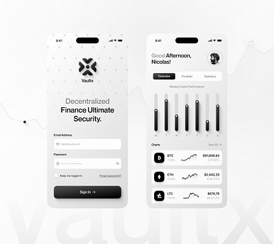 VaultX – A Minimal & Secure Crypto App app clean crypto dark design figmadesign finance fintech interface login minimal mobile product sign in ui ui design uiuxdesign ux