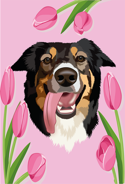 Australian Shepherd animal animallover art creativedesign design digitalart dog dogillustration graphic design illustration nature natureandpets petportrait portrait trendingdesign tulips vector vectorart