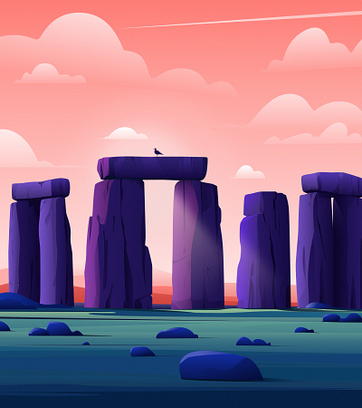 Silent Stones â€“ The Enigma of Stonehenge ancient ruins art direction bird blue civilization cloud culture digital art digital art illustration draw human civilization illustration landmark building mountain painting pink purple sky stonehenge vector illustration