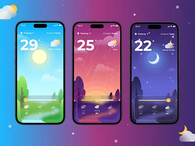 Weather App - Day, Evening & Night UI Design 🌤️🌆🌙 app appdesign darkdesign darkmode ui uidesign uidesignapp uiux uiweather ux uxdesign weather weatherapp