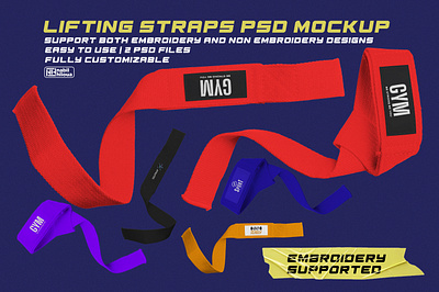 Premium Lifting Straps PSD Mockup - High-Resolution Template deadlift design embroidery exercise fitness grip gym high resolution lifting mockup photorealistic photoshop powerlifting psd straps strength template training weightlifting workout