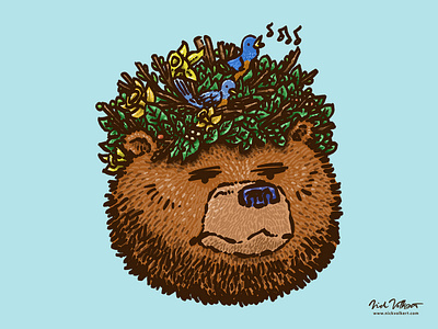 Mr Bear's Spring Hat bear birds brownbear grizzlybear illustration illustrator robins songbirds spring springtime tulips