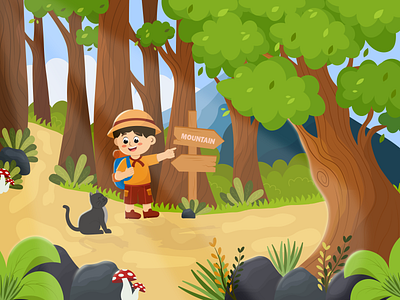 Adventurous Boy With a Cat 👦🏼🐱 adventure backpacker boy cat color forest fresh grassy green hat illustration illustrator jugle leaves lush mountain mushroom nature trees vector