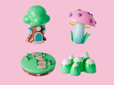 3D Design - Creative Object Collection 3d 3d art 3d art work 3d composition 3d design 3d element creative creative design design illustration minimalistic mountains mushroom object collection playful design solid pink solid pink background tree whimsicalcollection yard