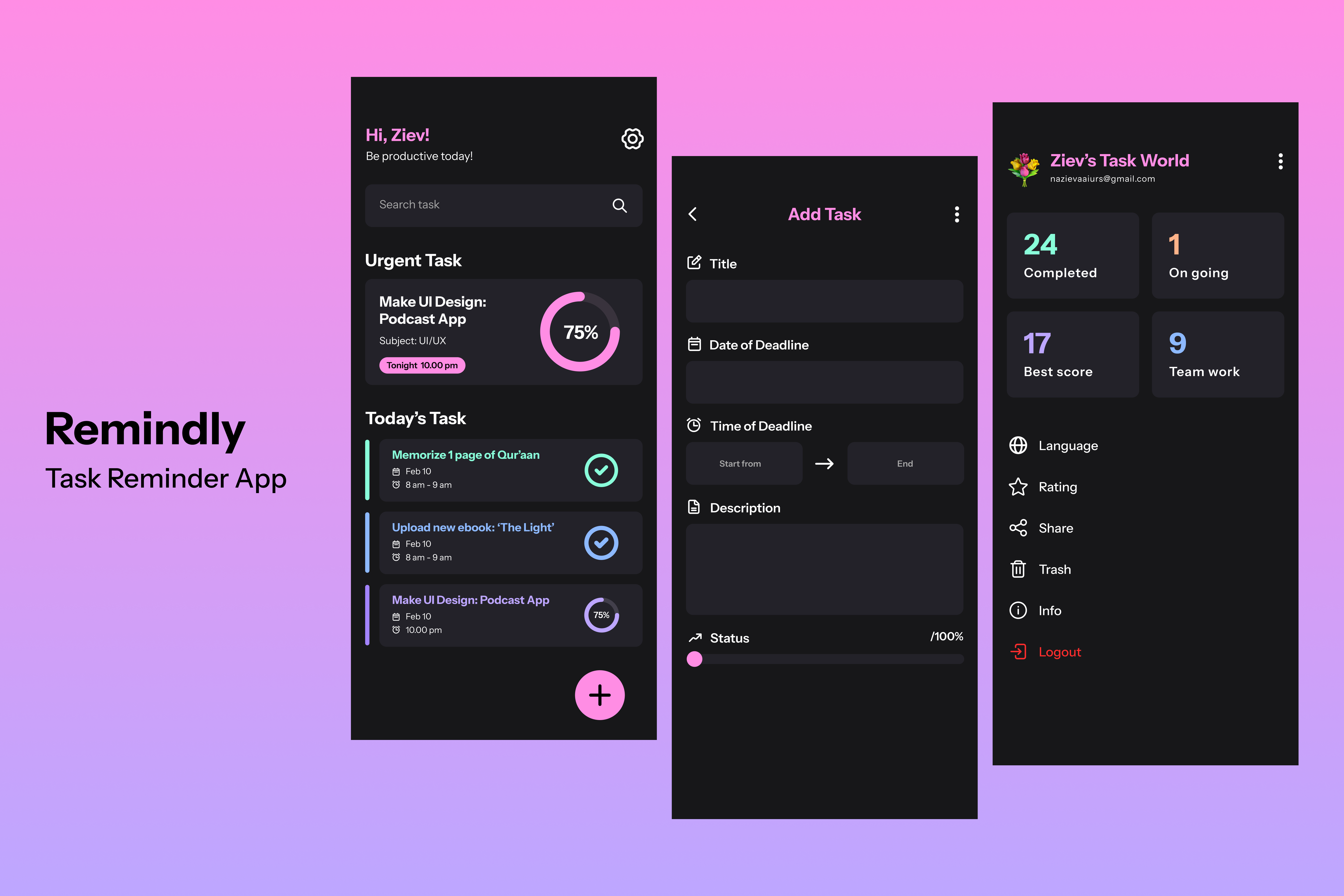 Remindly - Task Reminder App UI branding graphic design logo motion graphics ui