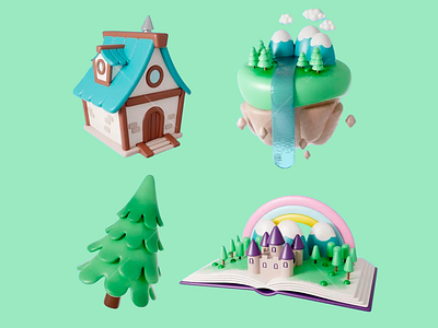 3D Design - Whimsical Collection 3d 3d art 3d art work 3d illustration 3d render 3d rendering 3d visual abstract cheerful collection design green green background house land objects collection playful tree visual identity visualization