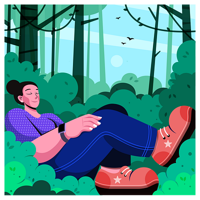 Girl resting in the woods character design digital art flat vector girl illustration graphic design illustration jungle illustration vector illustration visual arts woods