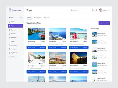 Expinova - Sleek Travel Booking Dashboard booking dashboard booking system business travel clean ui expense tracker minimal design product design saas travel app travel dashboard travel management travel ux trip trip itinerary dashboard uiux ux design web app