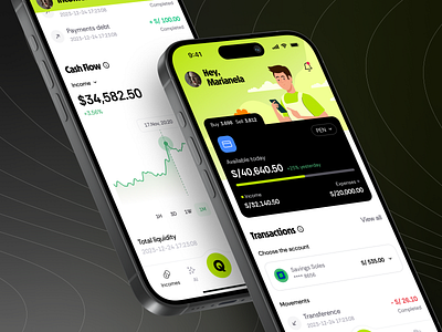 Quadrum – UX/UI Design of a Banking and Finance App ai app bank black clean credit card design expenses finance illustrated incomes interaction lima line graph money peru transactions ui ux yellow