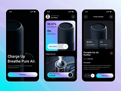 Smart Car Air Purifier App air conditioner air purifier airpurifier airquality app app design appdesign automation cleanair concept dark ios iot mobile mobile app product design smart app smart gadget smarthome uiux