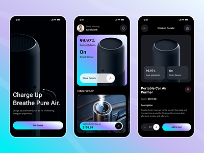 Smart Car Air Purifier App air conditioner air purifier airpurifier airquality app app design appdesign automation cleanair concept dark ios iot mobile mobile app product design smart app smart gadget smarthome uiux