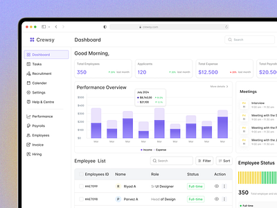 Crewsy - HR Management Dashboard crewsy dashboard dashboard ui employee management hr dashboard hr management hr management uiux hr software hr tool hr ui hr website hrm ios product design riyad ahmod saas ui uiux web app web app design