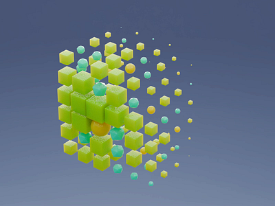 Motion transition figure 3d animation blender blue colorful cube figure geonodes green motion graphics proximity sfere transition