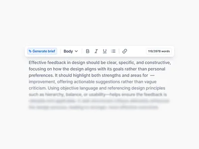 Text editor — Eskimoz app body components content creation design system editing editor generate brief generate text paragraph product design release text editing text editor tool toolbar ui design user interface visual design word count
