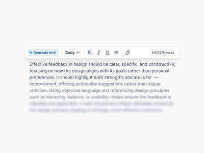 Text editor — Eskimoz app body components content creation design system editing editor generate brief generate text paragraph product design release text editing text editor tool toolbar ui design user interface visual design word count