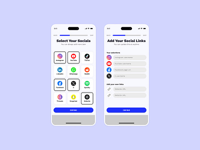 Mobile screens for adding your socials to your profile add links app design input fields mobile mobile design profile flow social icons social links