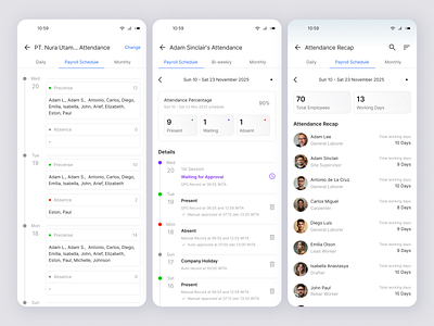 Employee Attendance Details - Employee Management App absence absent attendance attendance details attendance record attendance status check in date details employee employee attendance history mobile monitoring precense present record timeline turnout working days