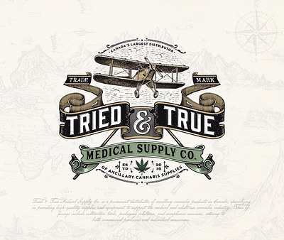 Tried & True Medical Supply Co. antique artisan brand identity branding cannabis craft design distillery graphic design illustration logo logo design medical plane spirits thc vintage vintage badge vintage logo vintage plane