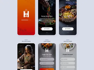 The mobile app named " Hngry" designed by Ansysoft adobephotoshop automate budgetfriendlymeals dietarypreferences easycooking foodie grocerydelivery healthyeating healthylifestyle hungryai mealplanningapp mealprep mobileapp nutrition personalizedmeals recipes savemoney savetime shoppinglist smartcooking